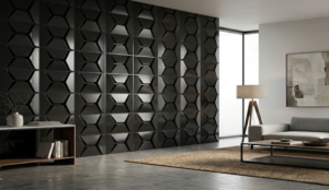 hexagon Wandverkleidung paneel schwarz wohnzimmer