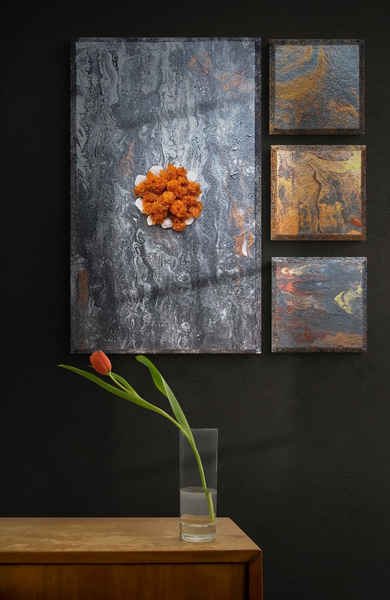 Abstrakt Wandbilder mit moos auf holzpanel 3er Set Abstrakt Wandbilder mit moos auf holzpanel 3er Set