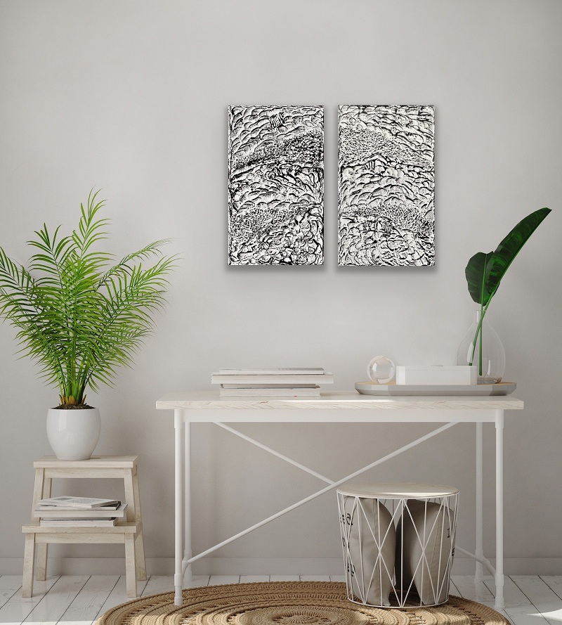 Modern Wandskulptur 3D Schwarz Weiss Abstrakt Wandbilder 2er Set Modern Wandskulptur 3D Schwarz Weiss Abstrakt Wandbilder 2er Set