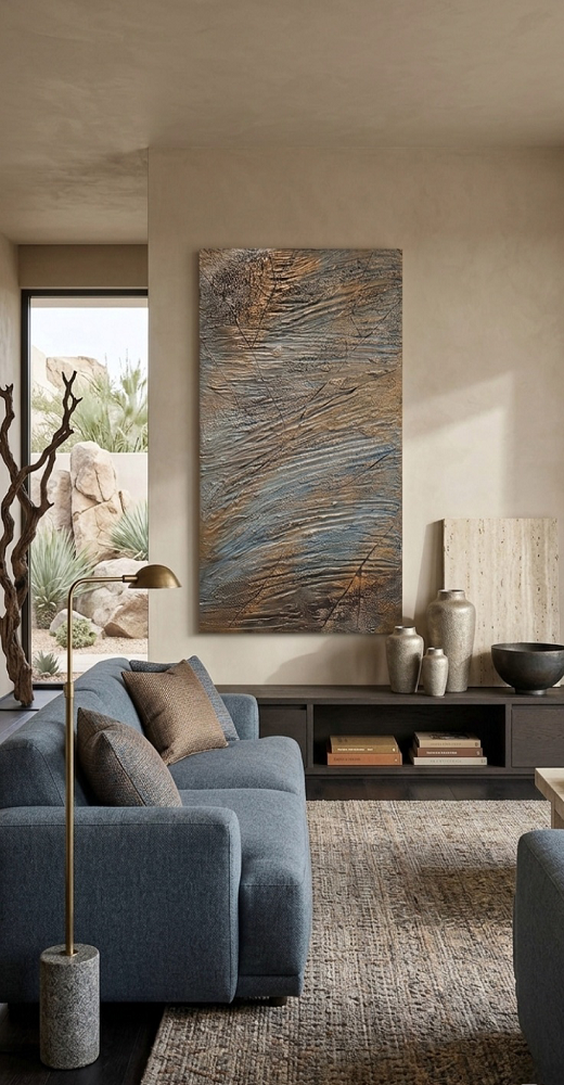 texturiert leinwandbild blau gross mit bronze 140 cm